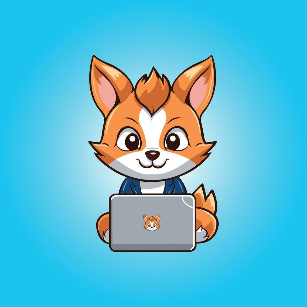 Vector cute fox with laptop cartoon illustration