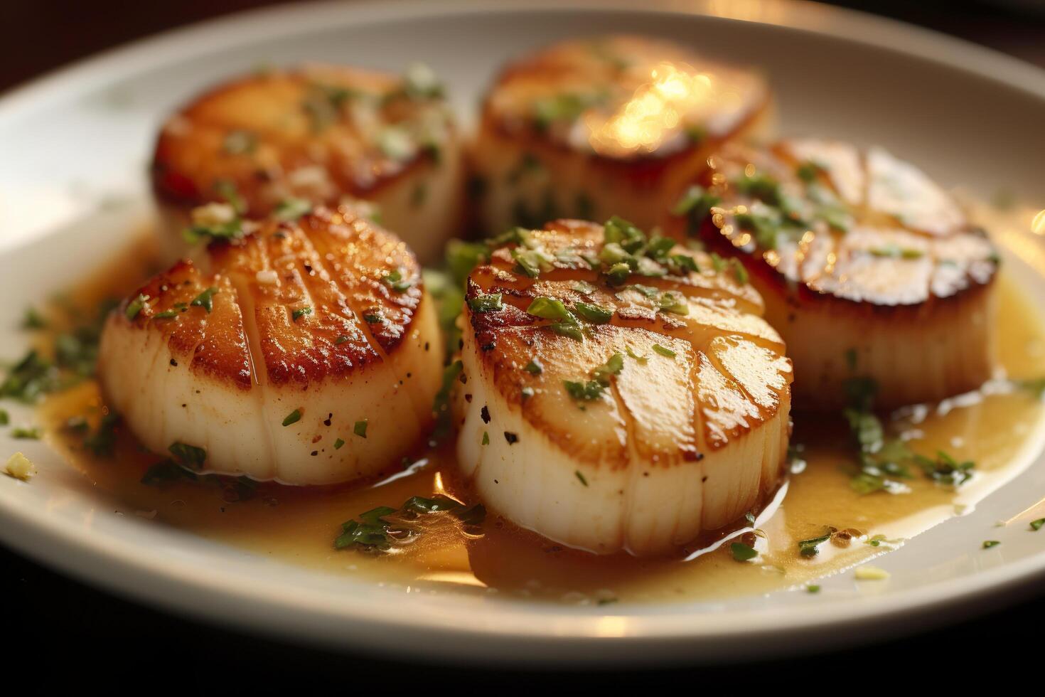 Closeup of pan seared diver scallops with lemon beurre blanc. Generative AI photo