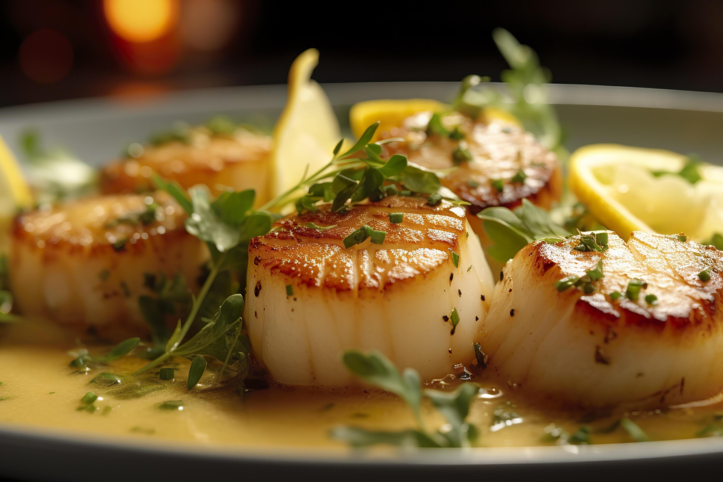 Closeup of pan seared diver scallops with lemon beurre blanc
