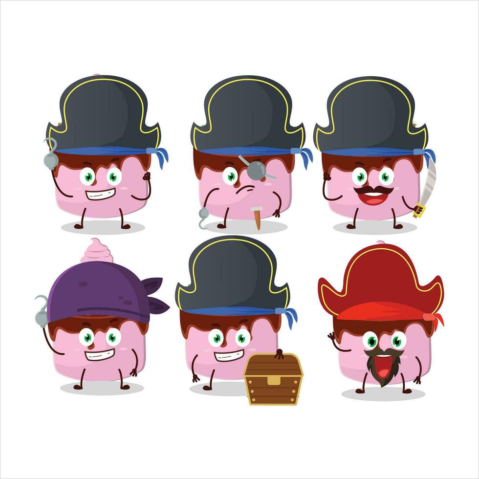 dibujos animados personaje de cariño pastel fresa con varios piratas emoticones vector