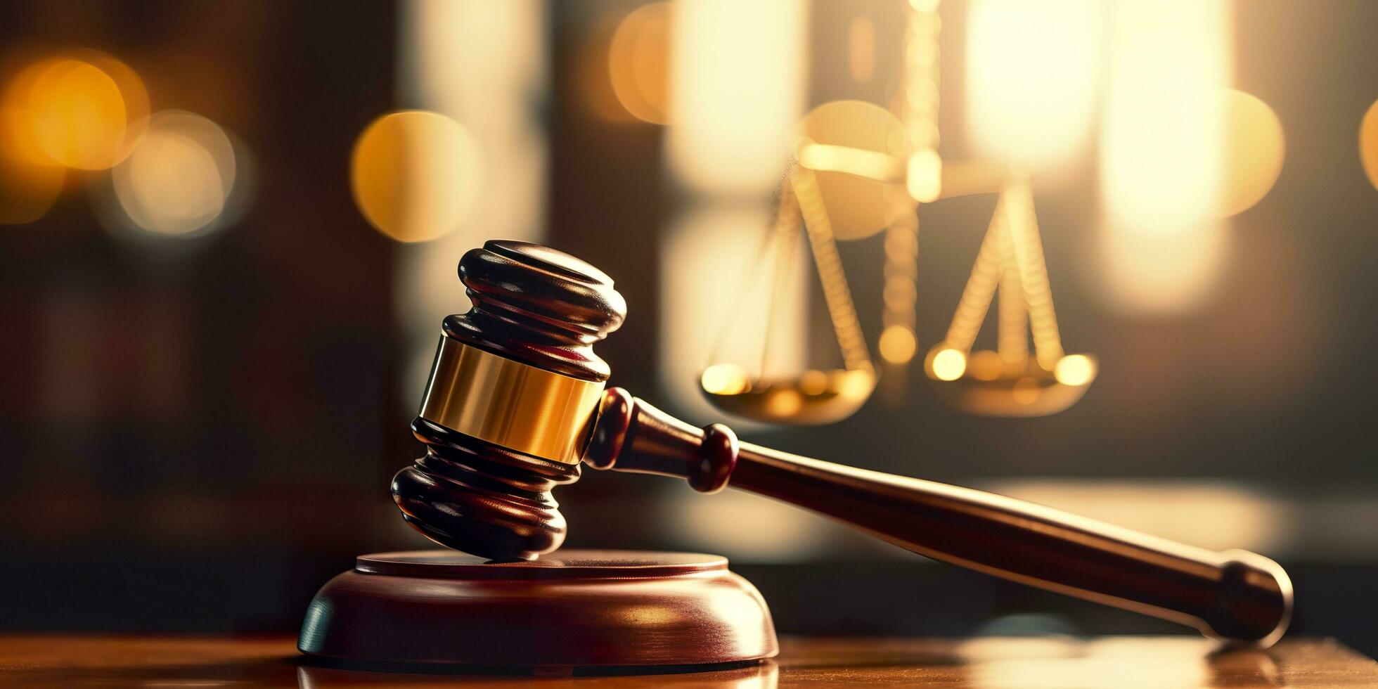 Legal law concept image gavel bokeh. law and authority lawyer concept, judgment gavel hammer in court courtroom for crime judgment legislation and judicial decision. AI Generative photo