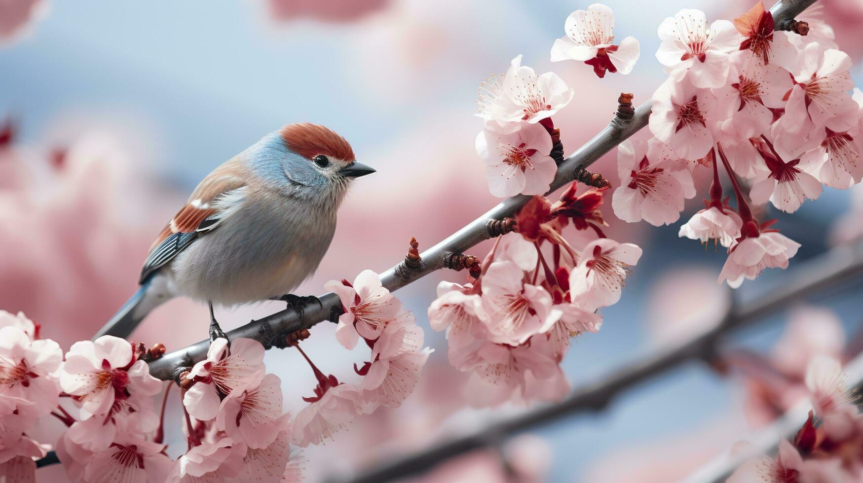 Birds sitting in a tree filled with cherry blossom flowers. Generative AI photo