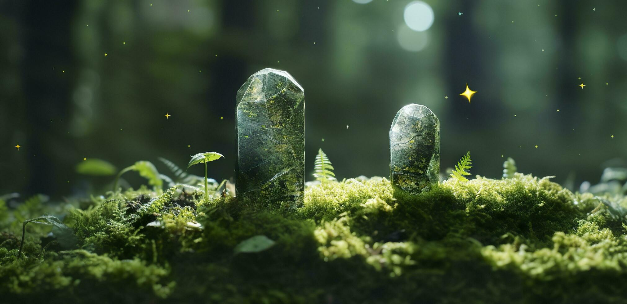 Crystals with moon phases image of moss in a mysterious forest, natural background. Generative AI photo