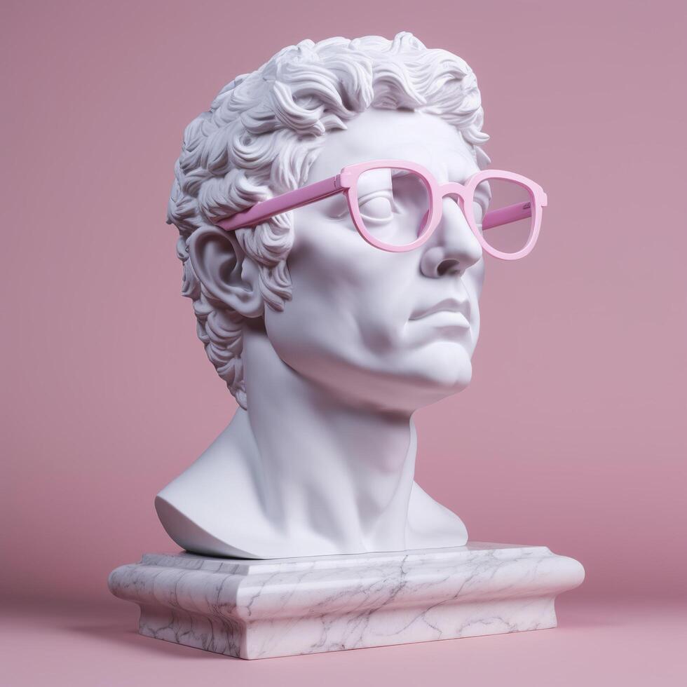 el cabeza de un blanco mitológico estatua con de moda rosado lentes en su ojos, marco en perfil. ai generativo foto