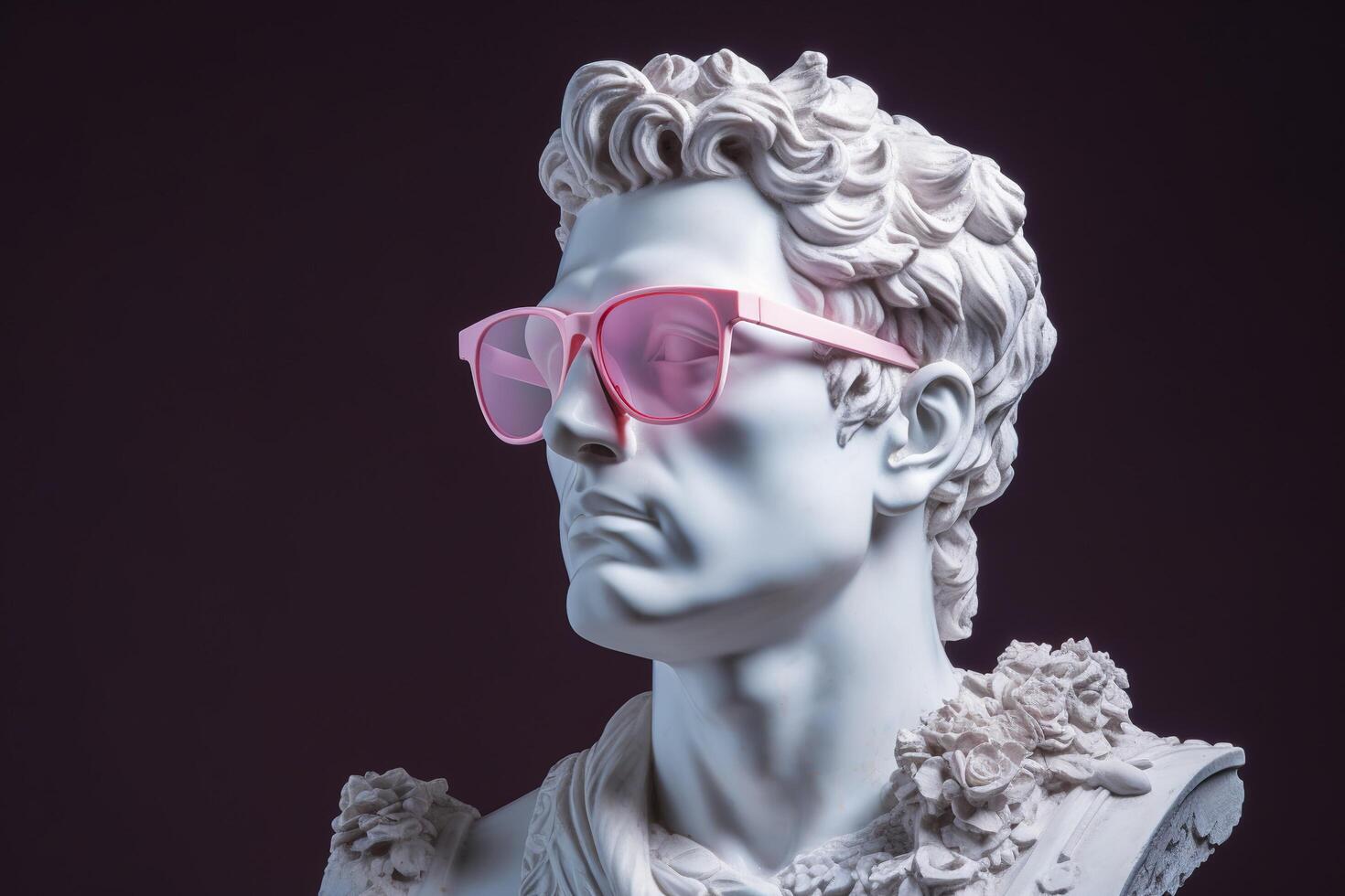 The head of a white mythological statue with fashionable pink glasses on his eyes, frame in profile. AI Generative photo