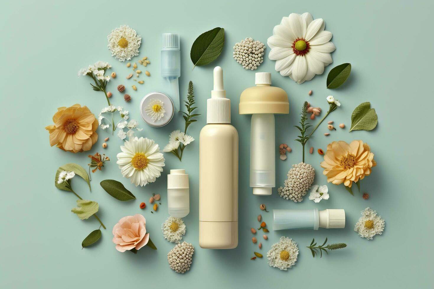 Fresco floral protección de la piel concepto. parte superior ver plano laico de bomba botella, pipeta, crema botellas, y tubos con flores en pastel azul antecedentes con un vacío circulo para texto o marca. ai generativo foto