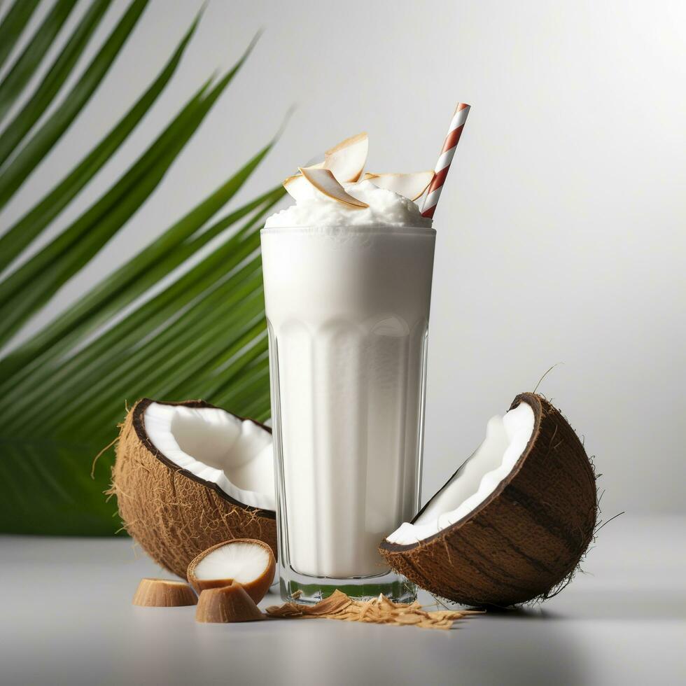 Coconut milk shake glass with fresh sliced coconut. Generative AI photo