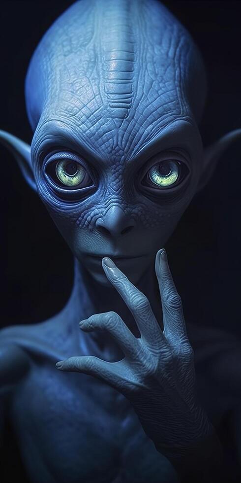 An extraordinary portrait of unknown adorable alien species over an alien finger, a style of high alien fashion. AI Generative photo