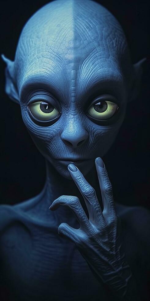 An extraordinary portrait of unknown adorable alien species over an alien finger, a style of high alien fashion. AI Generative photo