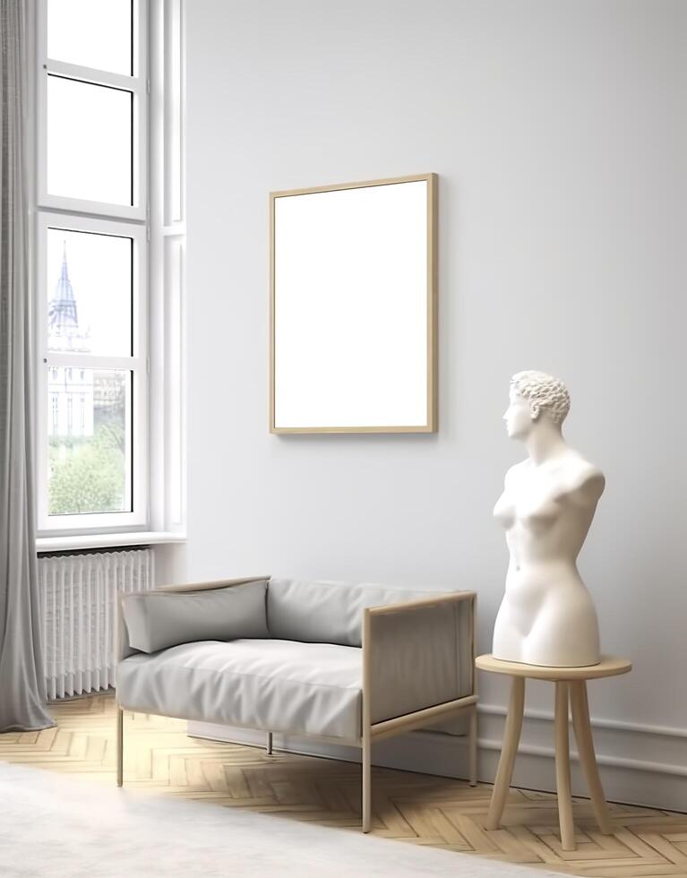 Mockup frame in contemporary Scandinavian living room interior, 3d render. AI Generative photo