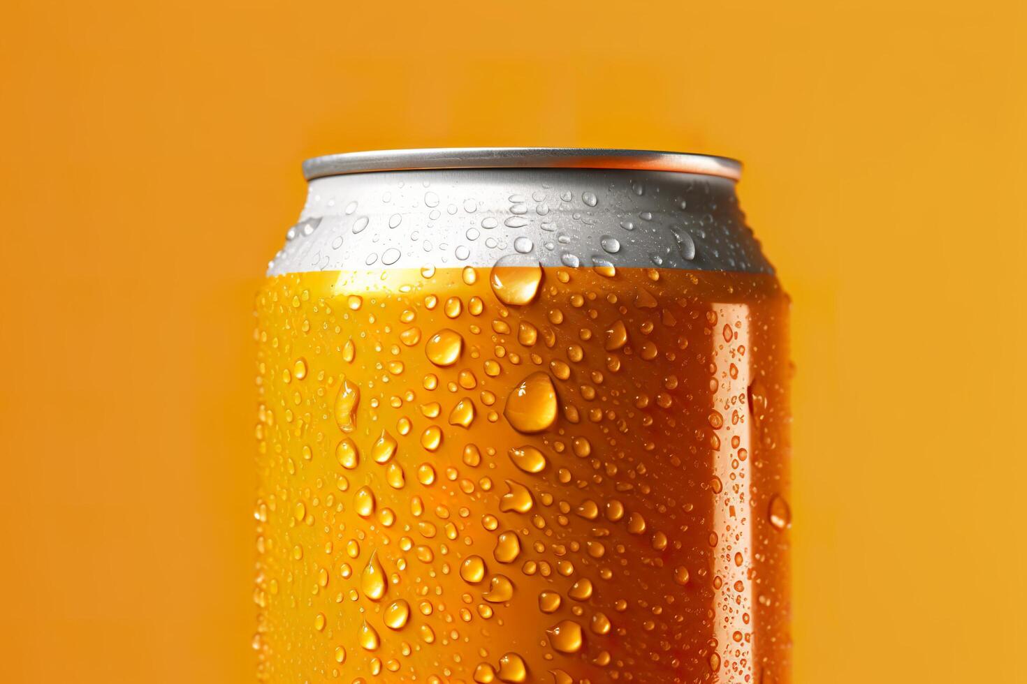 Can of fresh soda with water drops on orange background, closeup. Generative AI photo