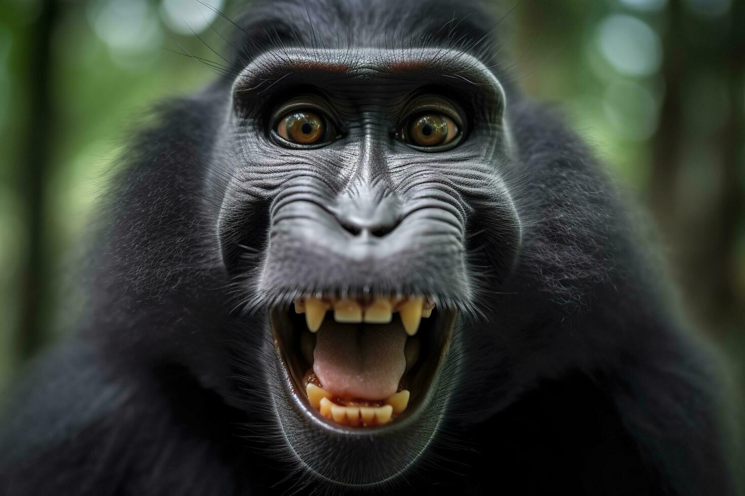 Celebes crested macaque with open mouth. Close up on the green natural background. Generative AI photo