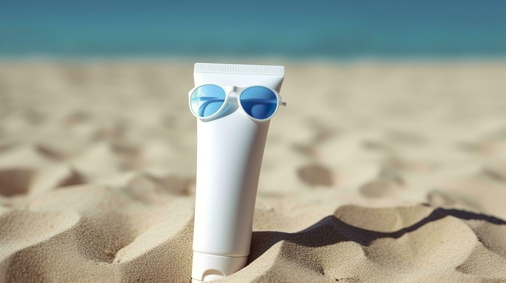 Blank empty white plastic tube. Sunscreen lotion on a sandy beach, summer composition with sunglasses, blue sea as background, copy space. Summer vacation and skin care concept, AI Generative photo