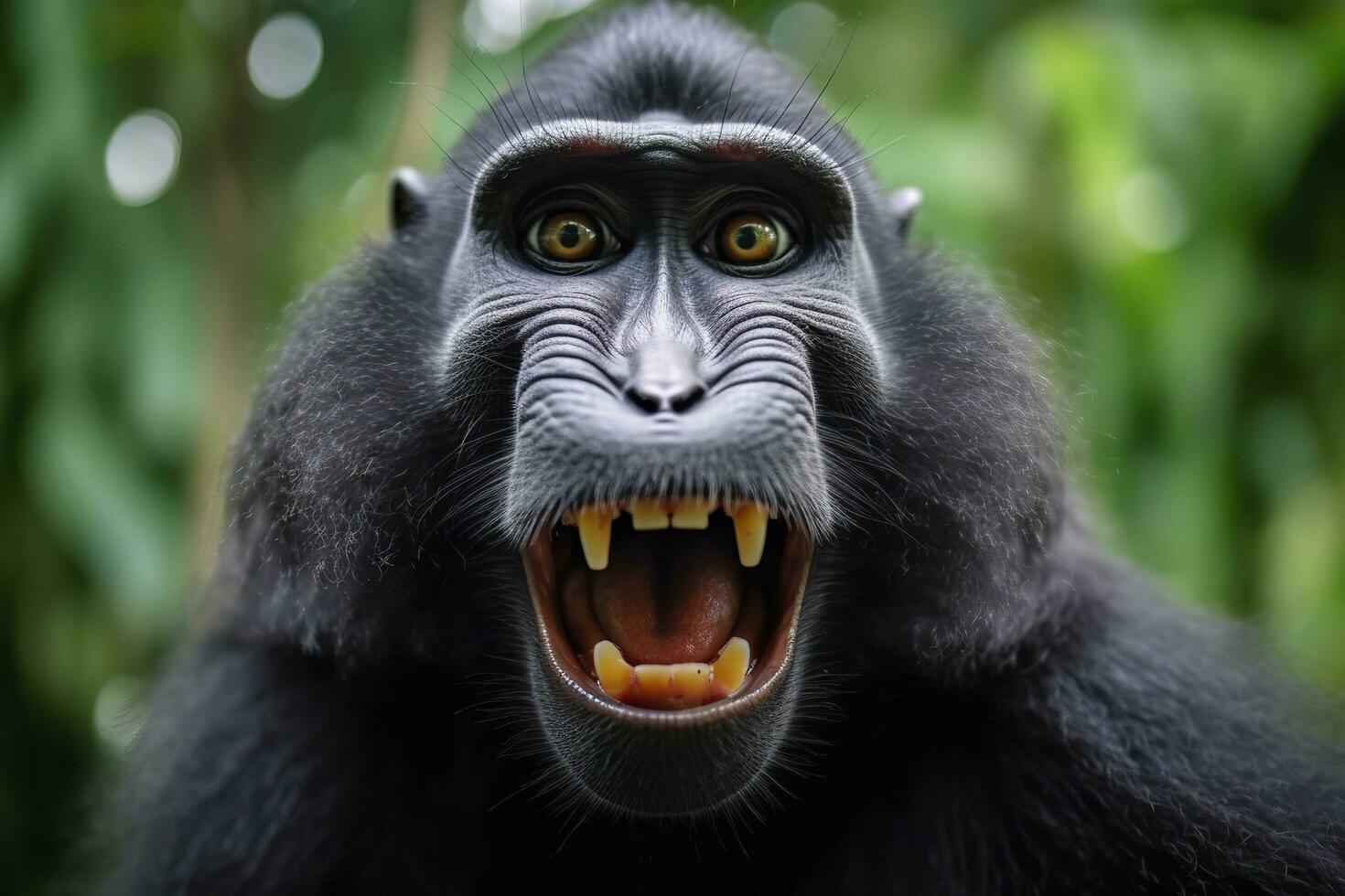 Celebes crested macaque with open mouth. Close up on the green natural background. Generative AI photo