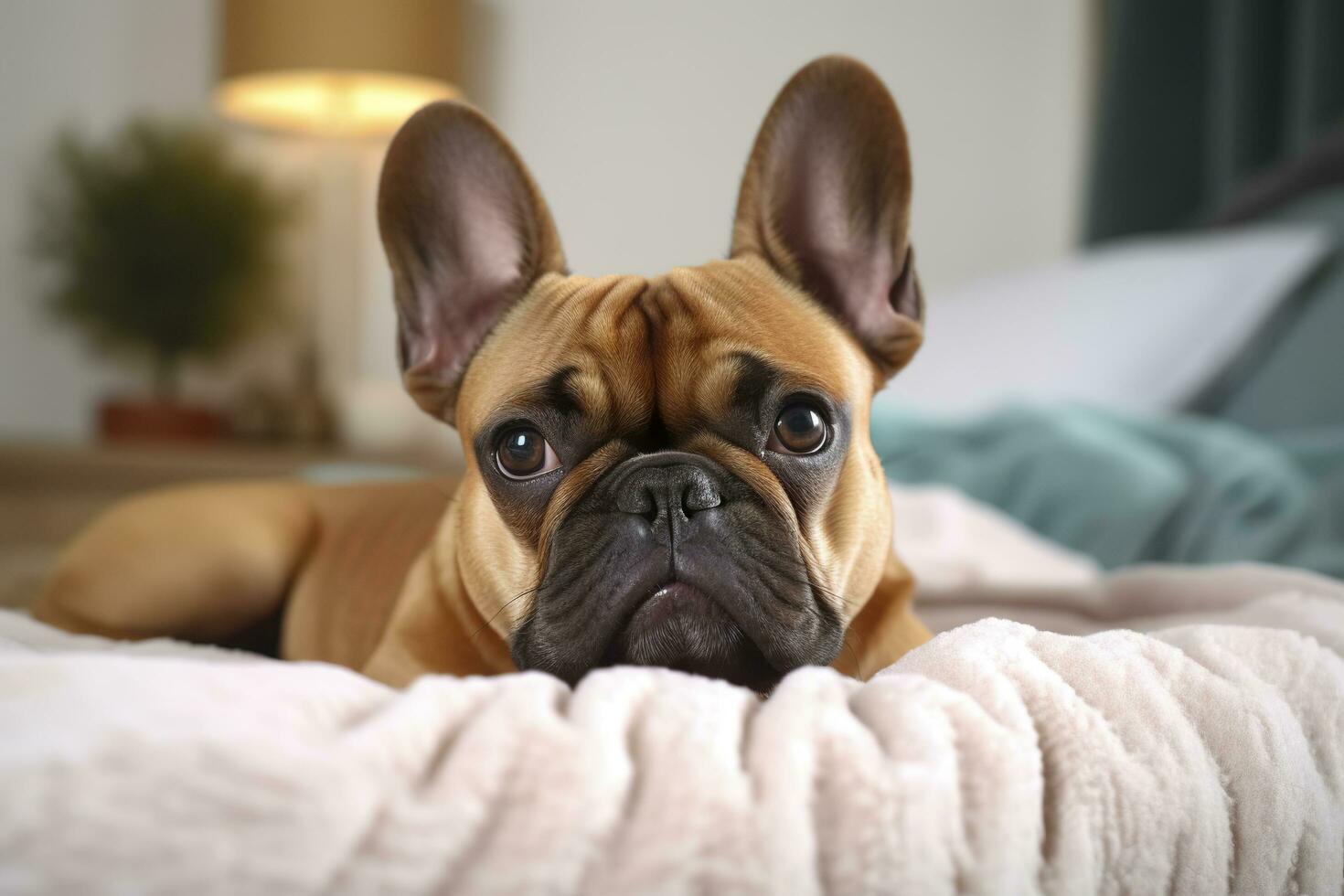 Cute French bulldog in a bedroom, closeup. AI Generative photo