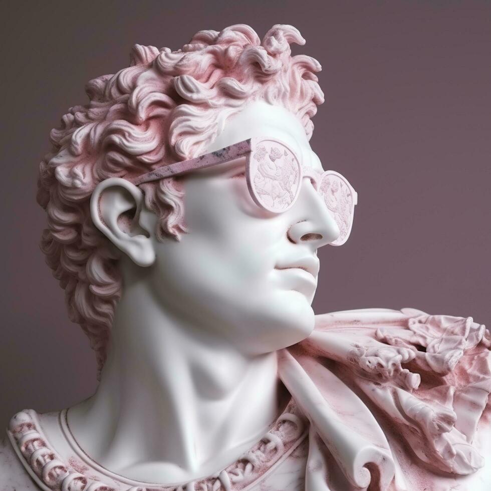 el cabeza de un blanco mitológico estatua con de moda rosado lentes en su ojos, marco en perfil. ai generativo foto