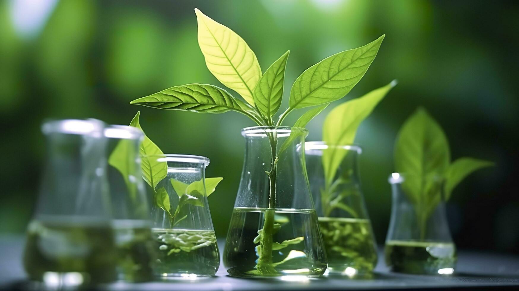 Biotechnology concept with green plant leaves, laboratory glassware