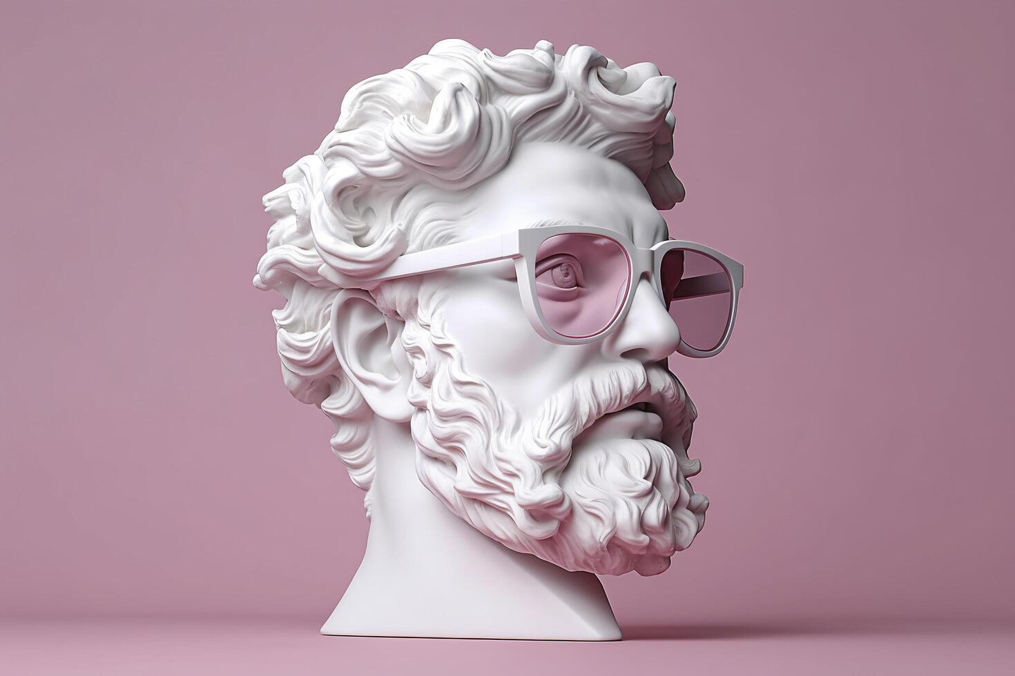 el cabeza de un blanco mitológico estatua con de moda rosado lentes en su ojos, marco en perfil. ai generativo foto