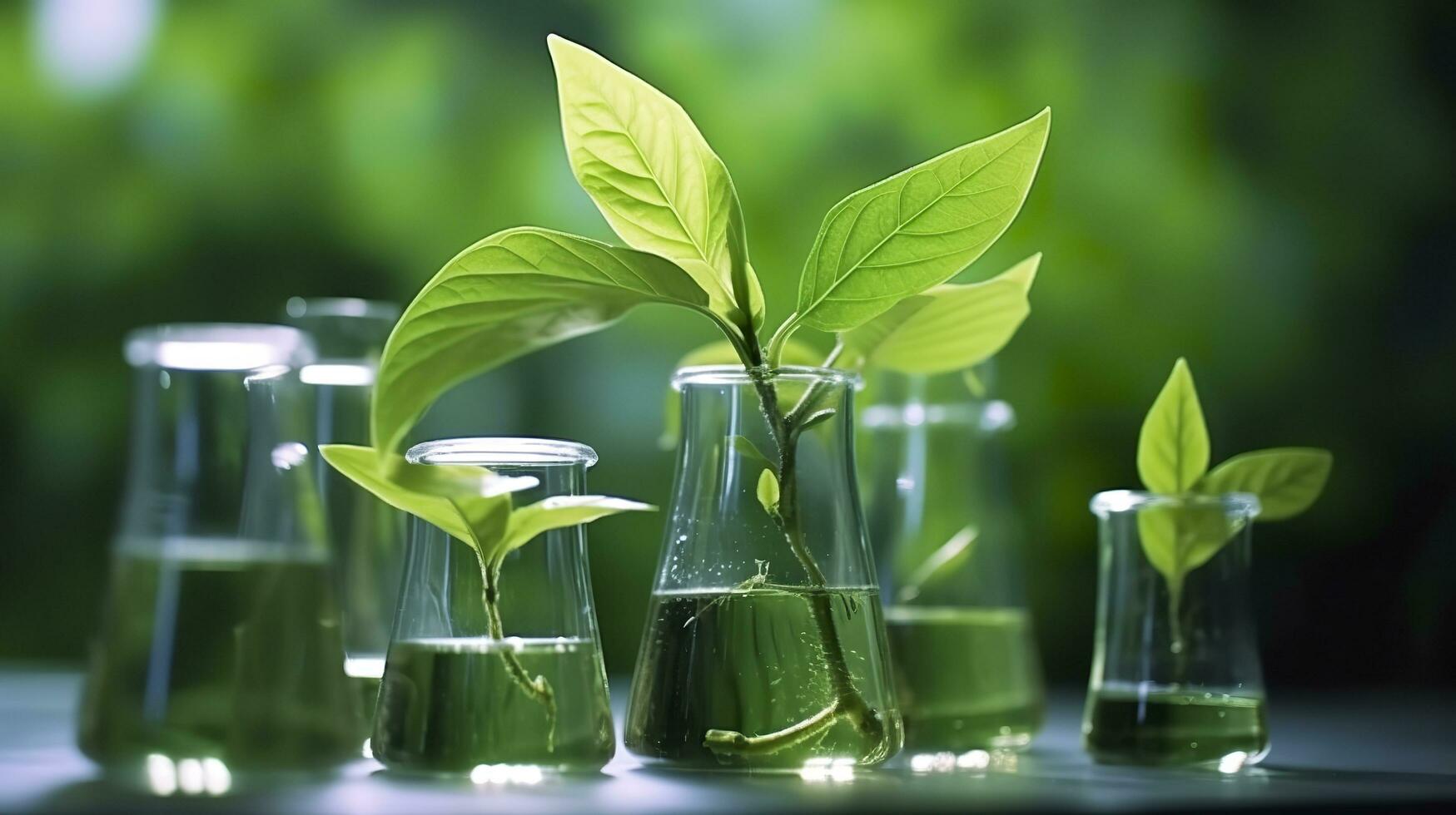 biotecnología concepto con verde planta hojas, laboratorio cristalería, y conductible investigación, ilustrando el poderoso combinación de naturaleza y Ciencias en médico avances ai generativo foto