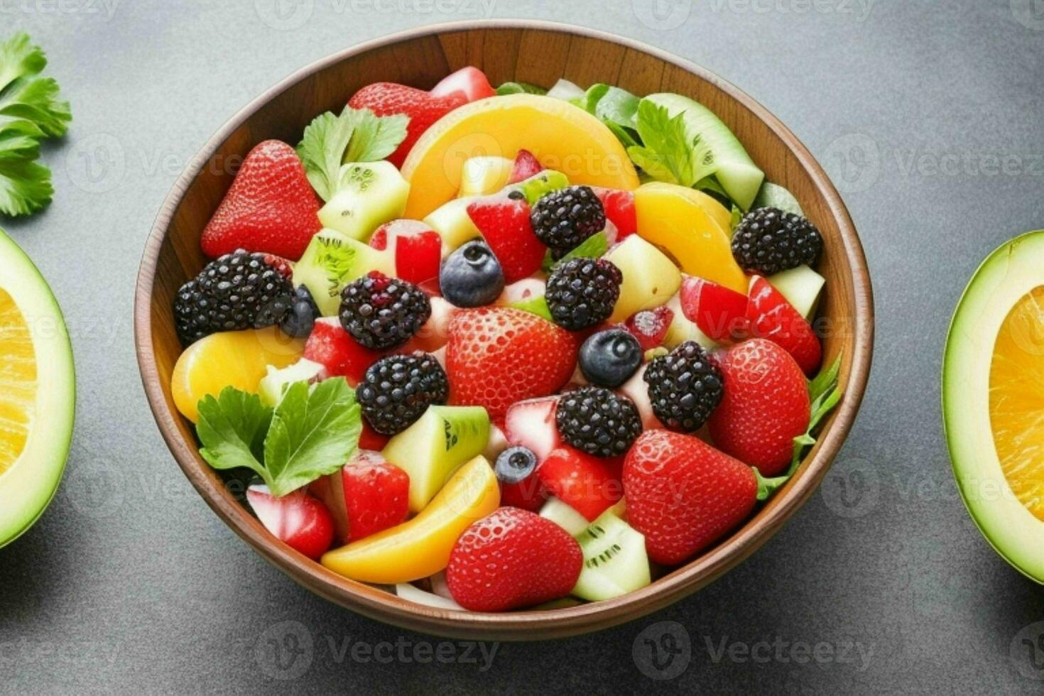 Bowl of healthy fresh fruit salad. background. AI Generative Pro Photo