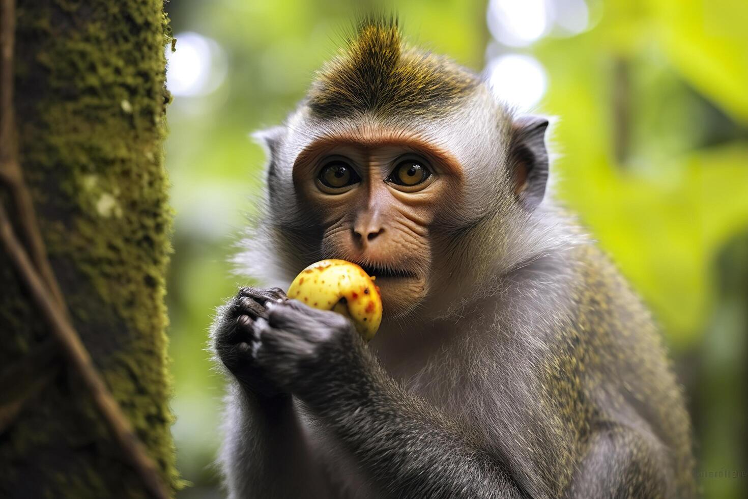 Close up of monkey eating fruit in the jungle. Generative AI photo