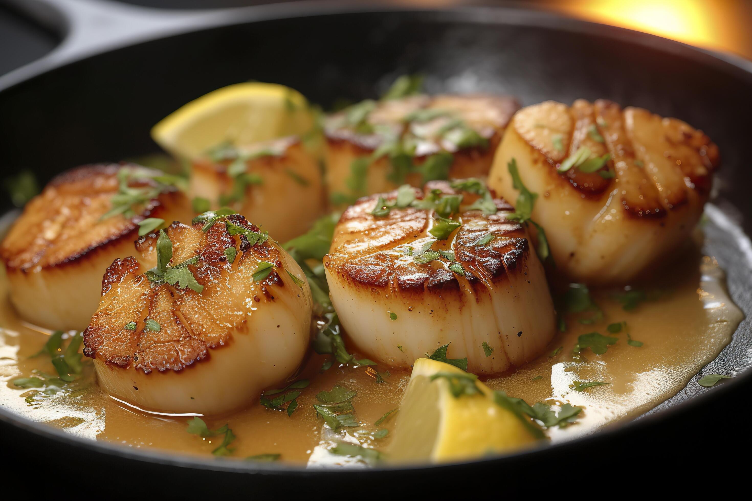 Closeup of pan seared diver scallops with lemon beurre blanc