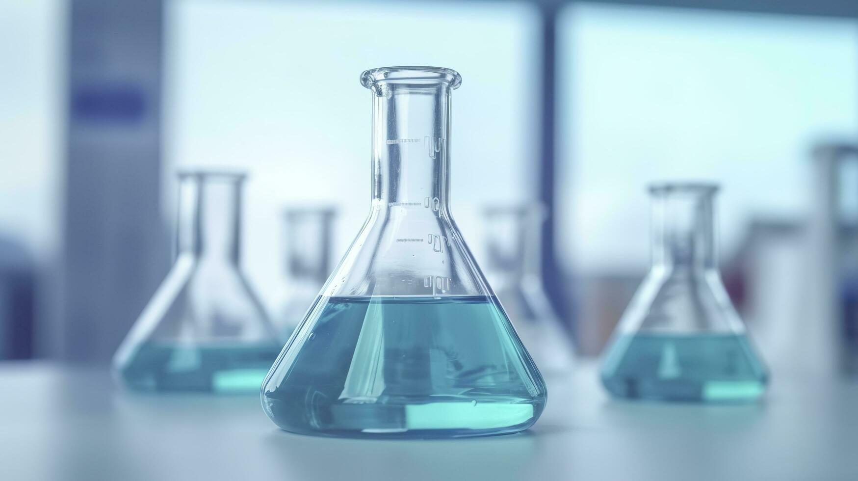 A Science Beaker in the laboratory on a table white and light blue background.. laboratory equipment out of focus. AI Generative photo