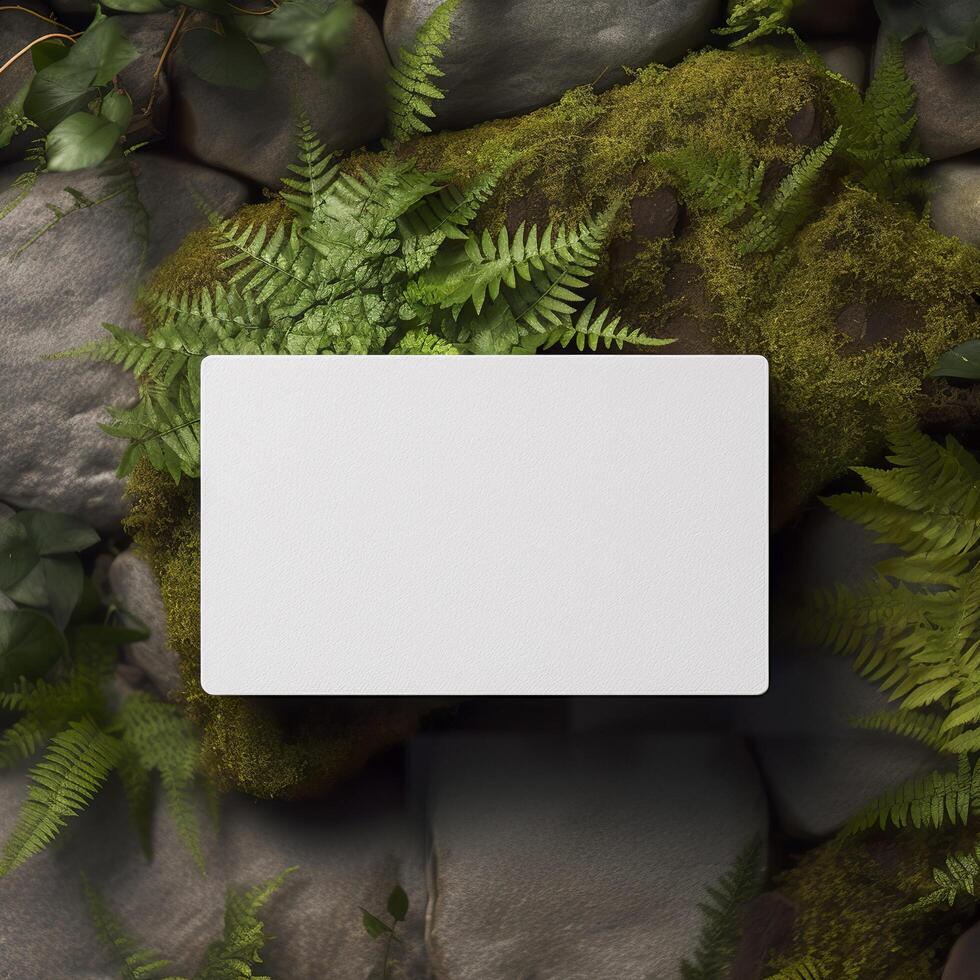 Blank business card on green leaves background. Generative AI photo