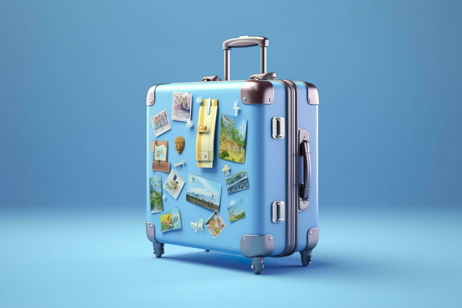 Blue suitcase full of landmarks and travel accessories on blue background. Generative AI photo