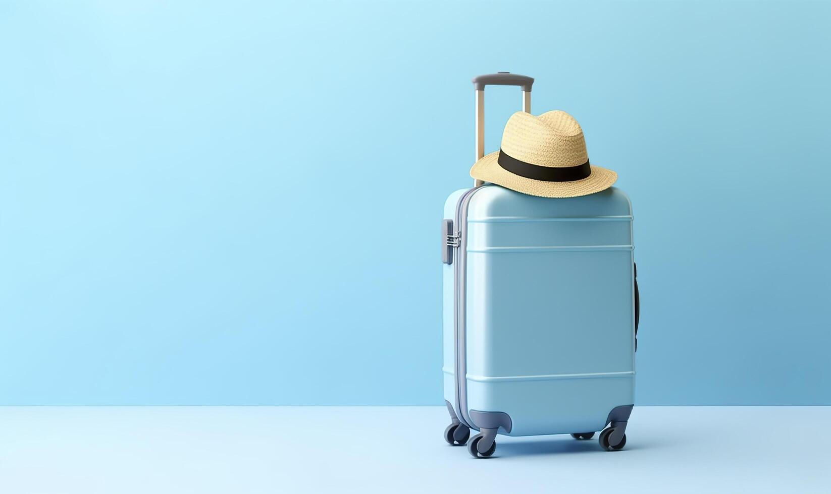 Blue suitcase with sunglasses on a pastel blue background. travel concept. Generative AI photo