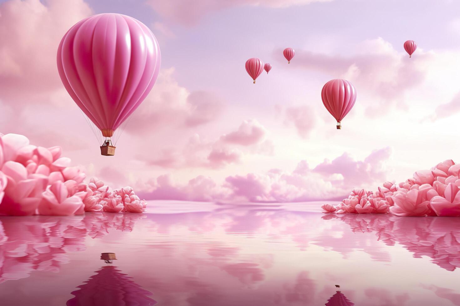 Bright pink ethereal cloudy landscape, hearts, roses, balloons, and wedding concept. Generative AI photo