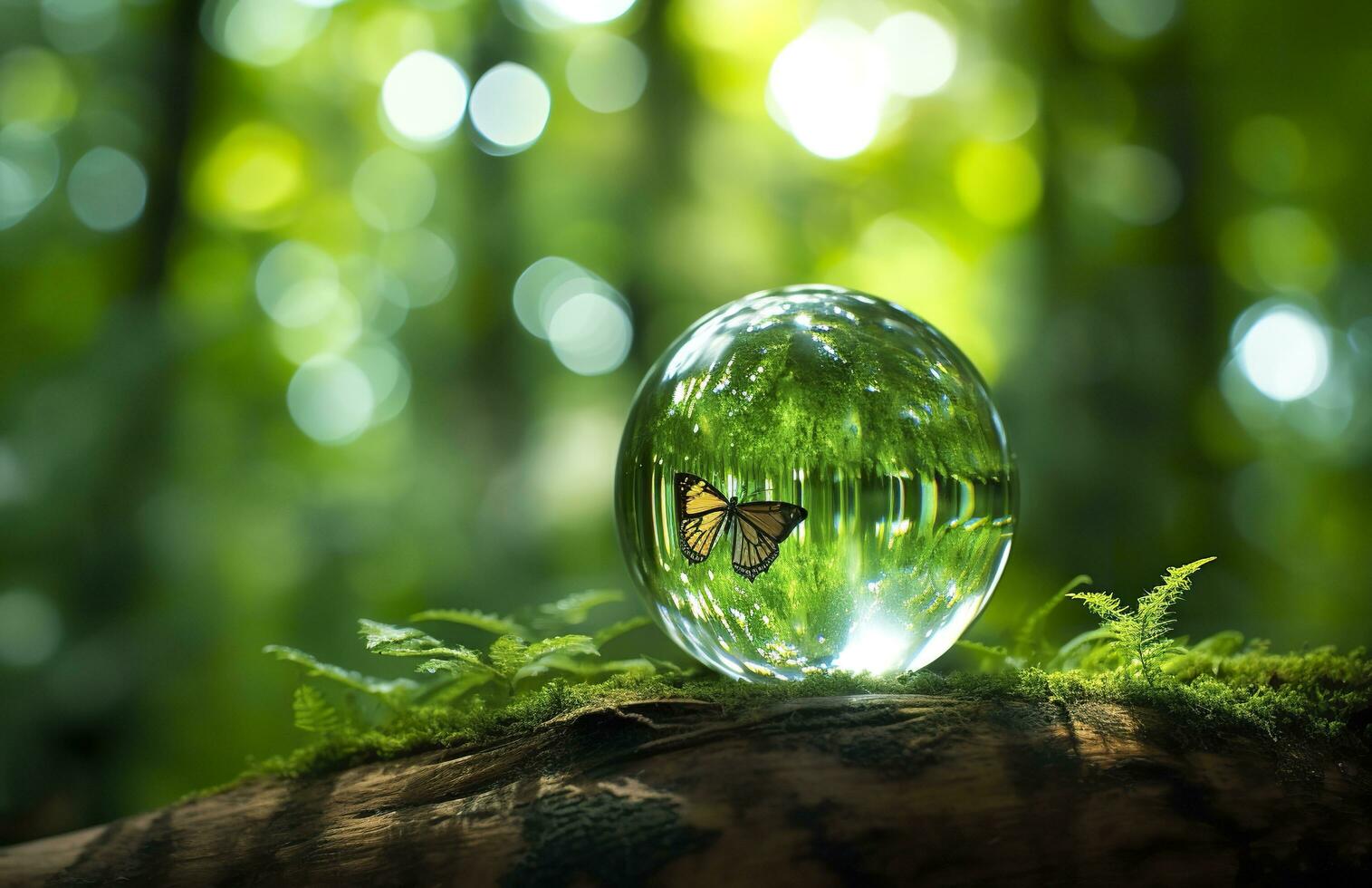 mariposa y cristal pelota en un árbol tocón en el bosque, natural verde antecedentes. generativo ai foto