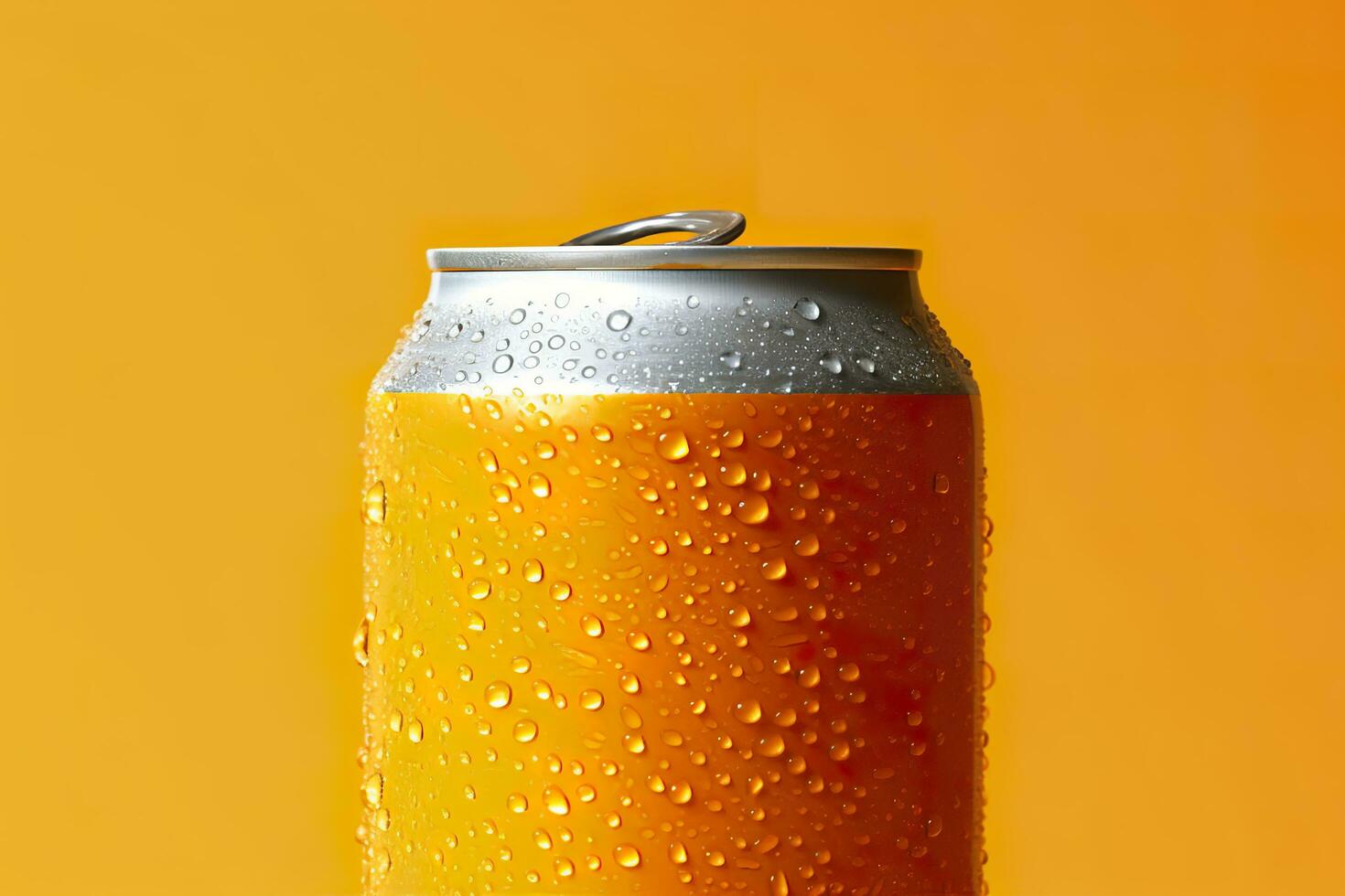 Can of fresh soda with water drops on orange background, closeup. Generative AI photo