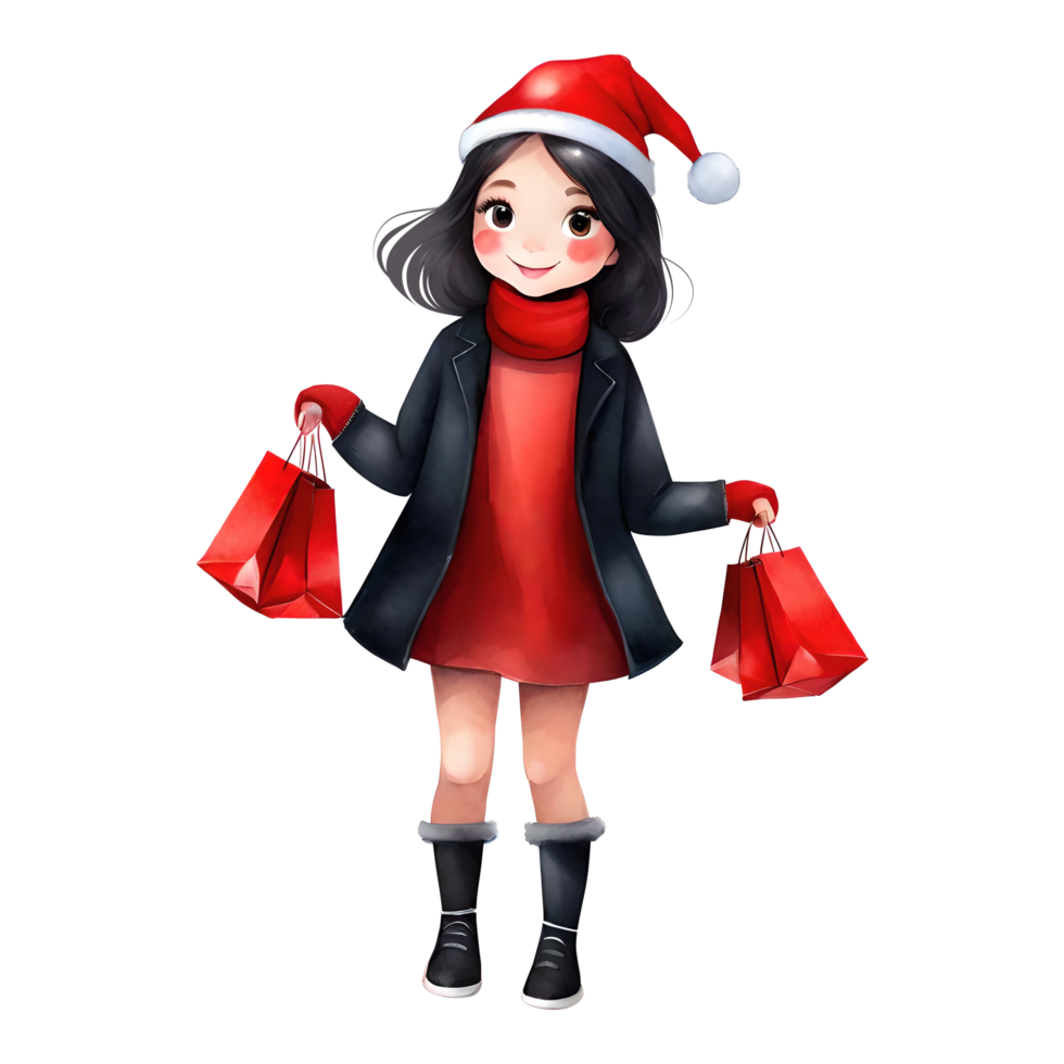 Cute Shopaholic Girl Wearing Christmas Clothes Simple Clipart Isolated Transparent AI Generative Illustration png