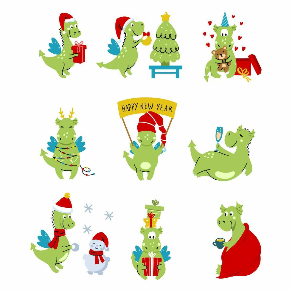 Set with cute dinosaurs. Symbol of new year 2024 according to Eastern calendar. vector