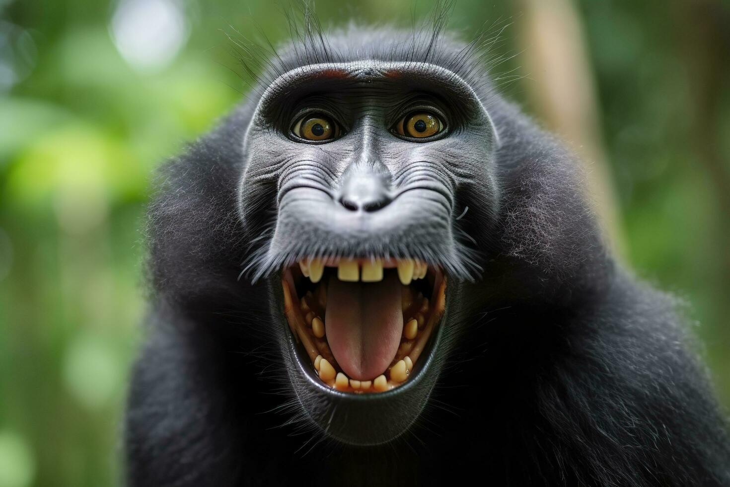 Celebes crested macaque with open mouth. Close up on the green natural background. Generative AI photo