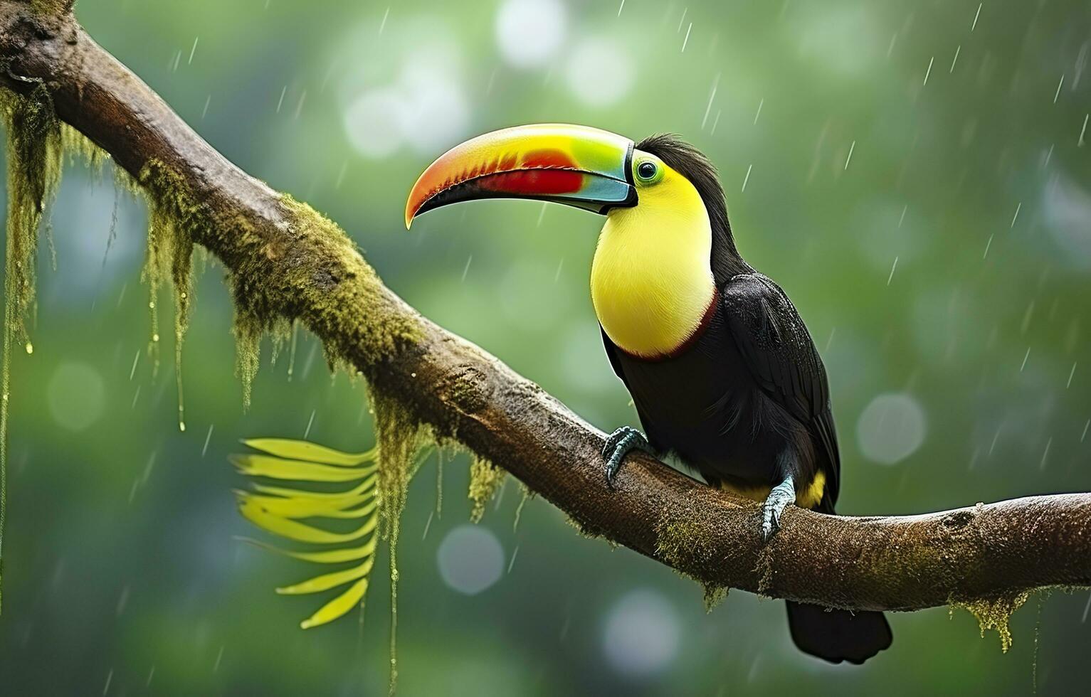 Chesnut mandibled Toucan sitting on the branch in tropical rain with a green jungle. Generative AI photo