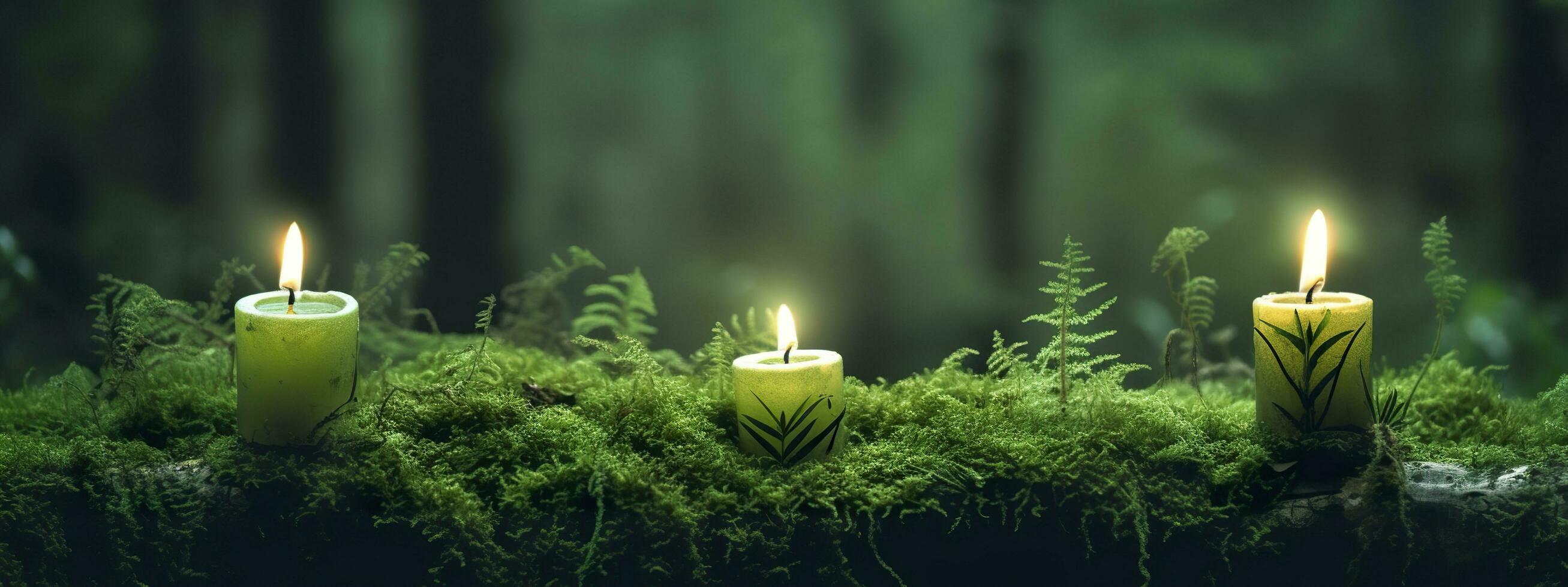Burning candles on moss, dark green blurred the natural background. Magic candle. Generative AI photo