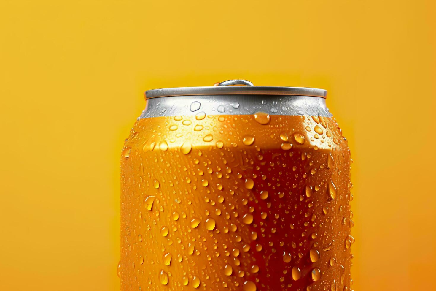 Can of fresh soda with water drops on orange background, closeup. Generative AI photo