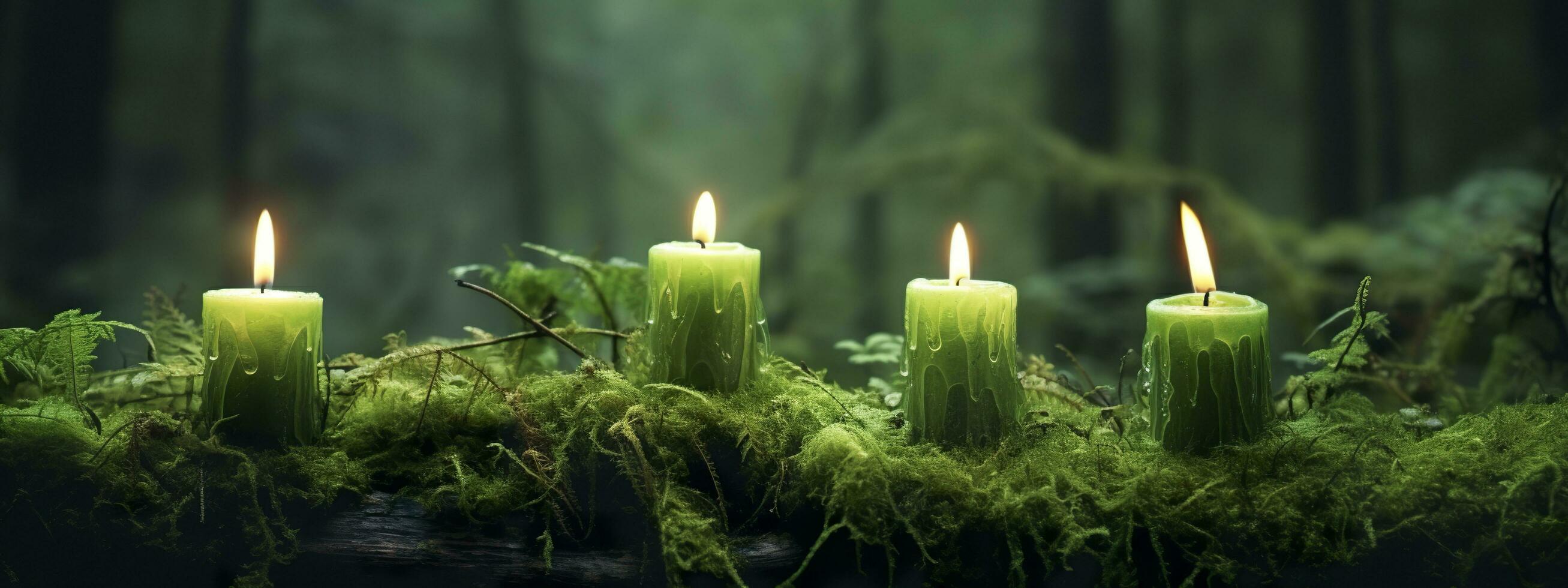 Burning candles on moss, dark green blurred the natural background. Magic candle. Generative AI photo