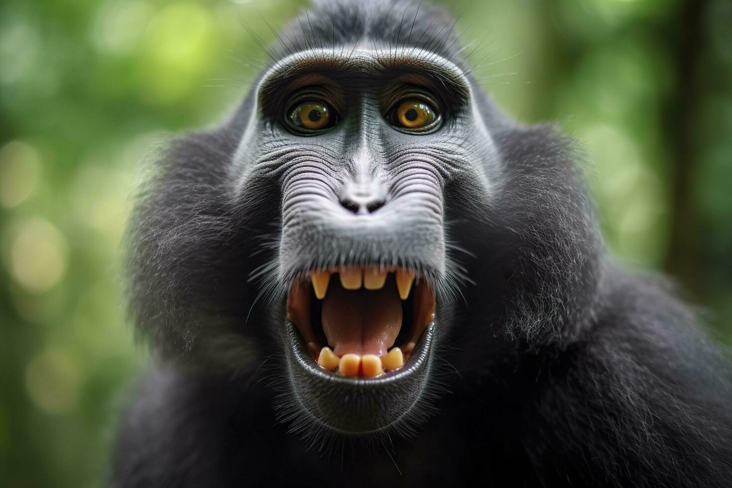 Celebes crested macaque with open mouth. Close up on the green natural background. Generative AI photo