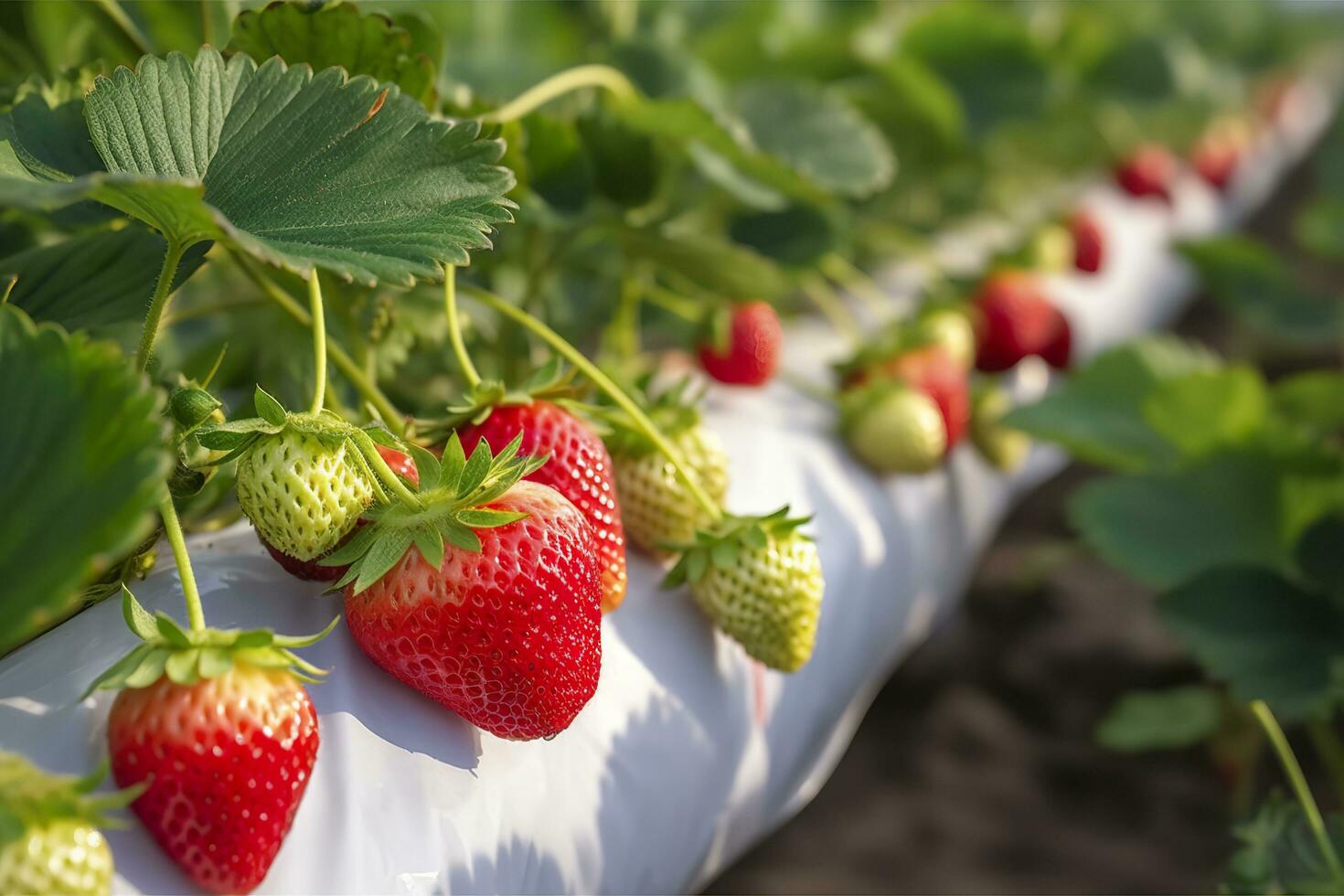 Bush of ripe organic strawberries in the garden. Berry closeup. Generative AI photo