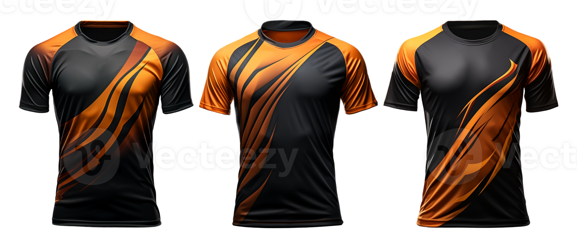set of orange black sports jersey with abstract pattern front view