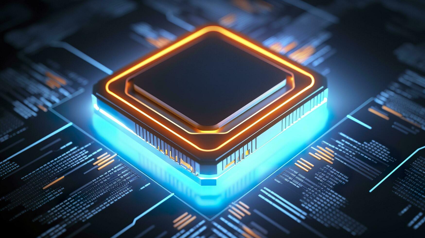 Top View of a Chip with Glowing Light and Fog in Orange and Blue. AI Generative photo