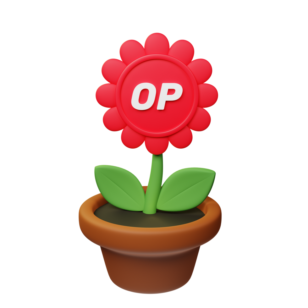 Optimism ,OP Crypto Bloom 3D Rendered Flower Pot png