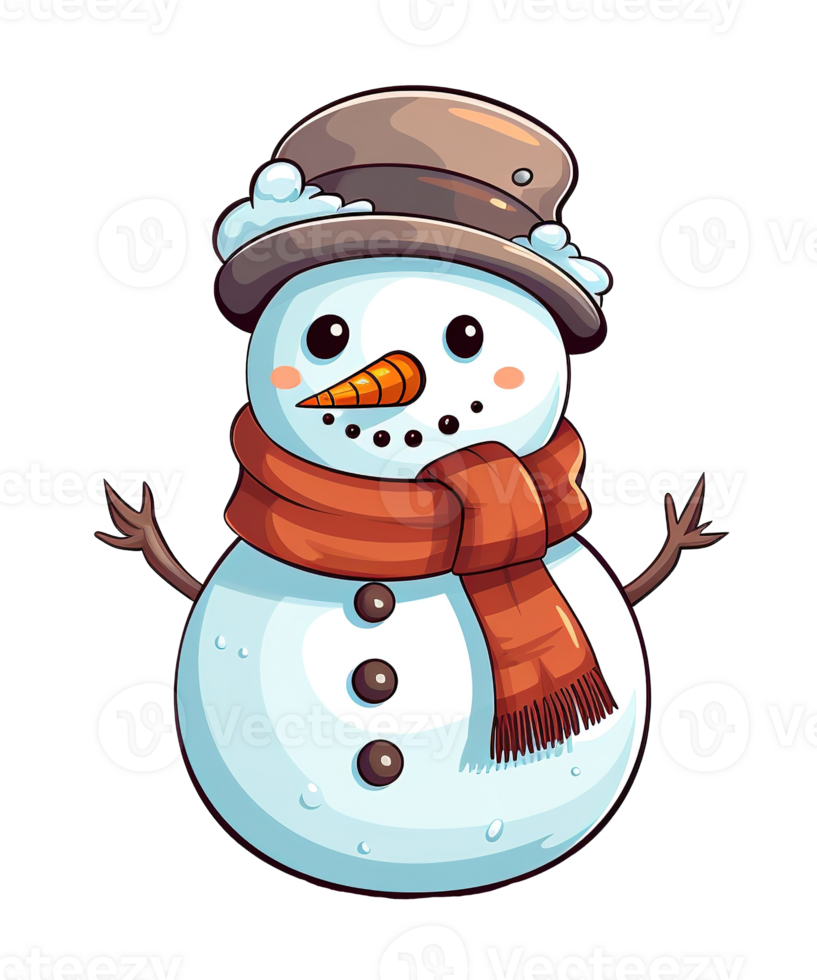 cute snowman cartoon wearing hat and scarf ai generative png