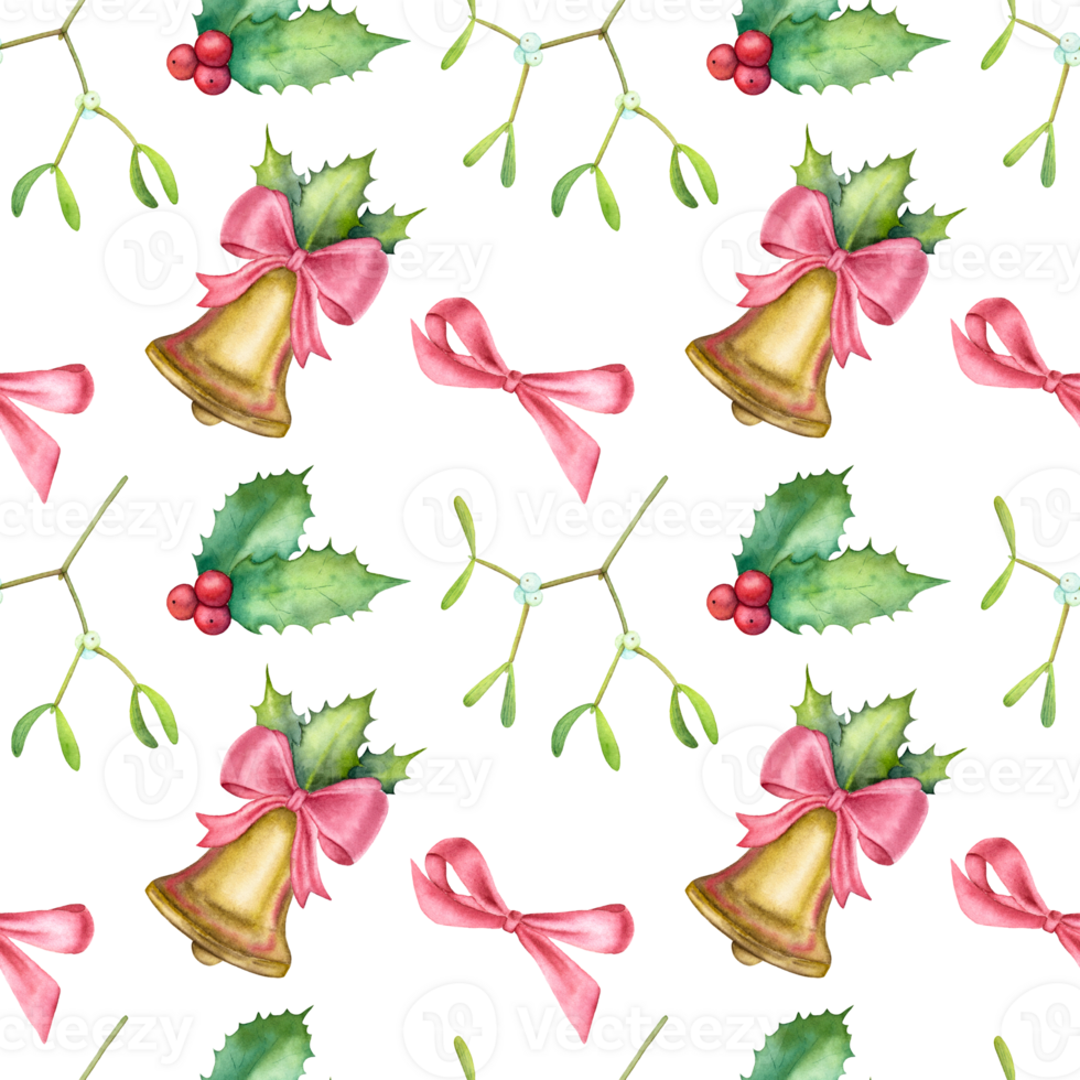 Watercolor Christmas pattern with a bell, holly, mistletoe and red ribbon on the transparent background. Seamless magical Christmas pattern. png