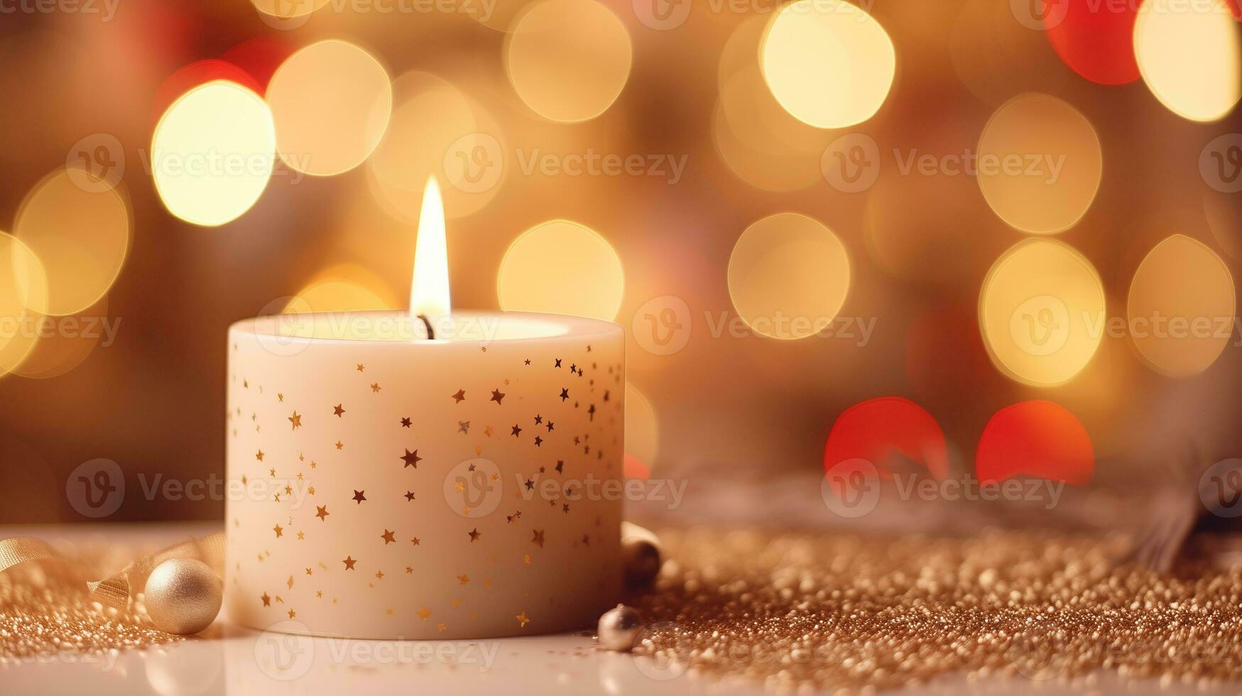 Christmas-themed candle, Christmas on bokeh background. Ai Generated. photo
