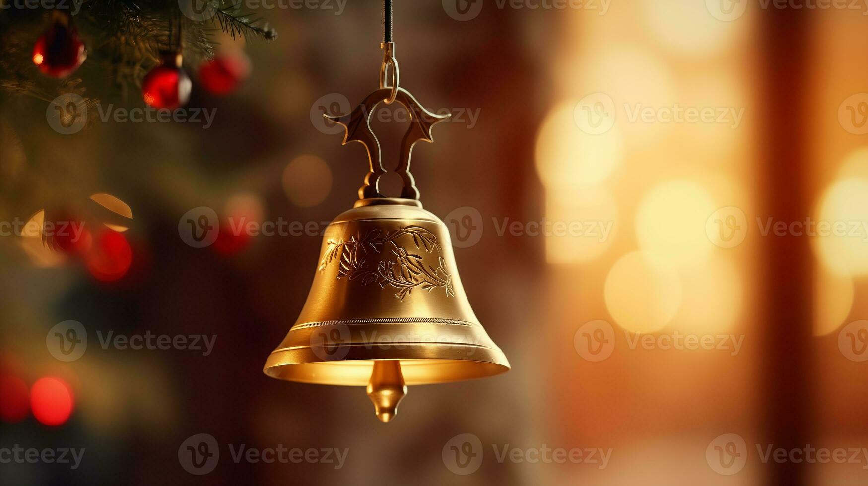 Golden bell decorated on Christmas tree, Christmas. Ai Generated. photo