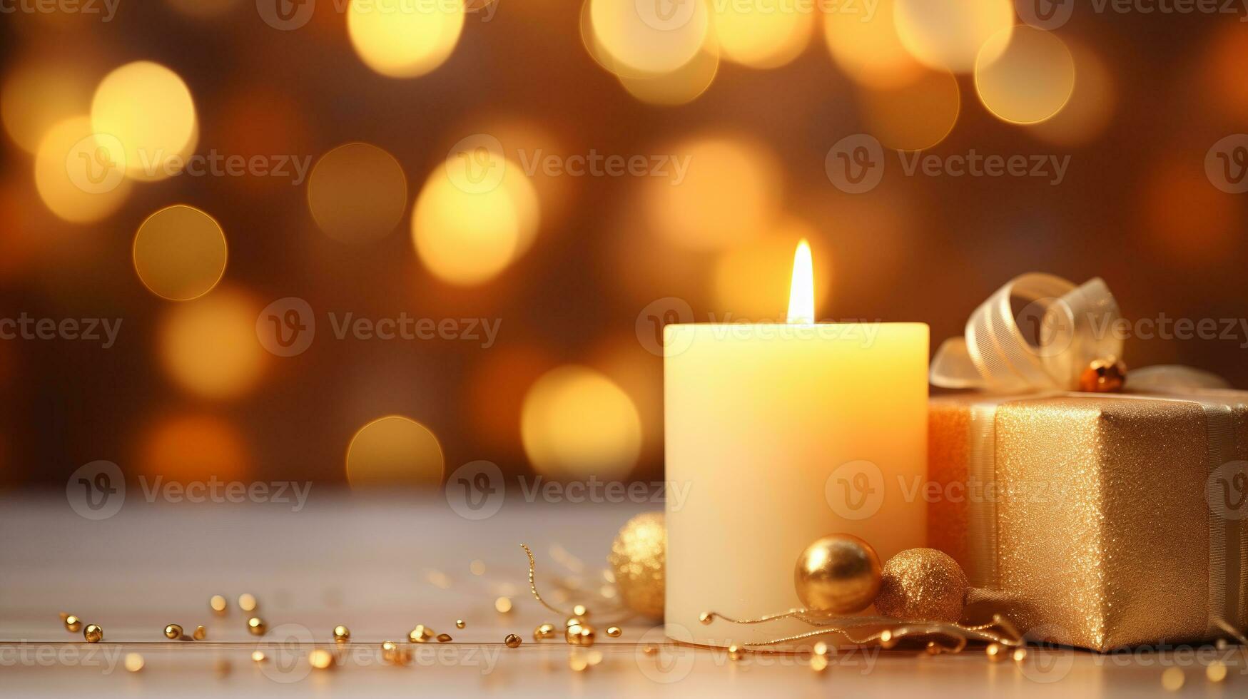 Christmas-themed candle, Christmas on bokeh background. Ai Generated. photo